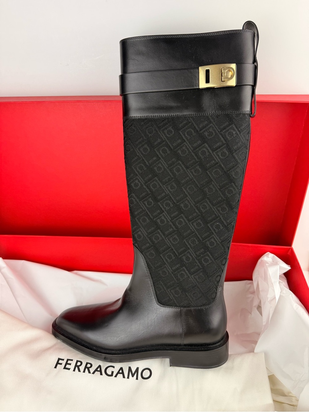 Ferragamo Roly T Black Leather Monogram Hug Buckle Knee High Boots Size 7C
